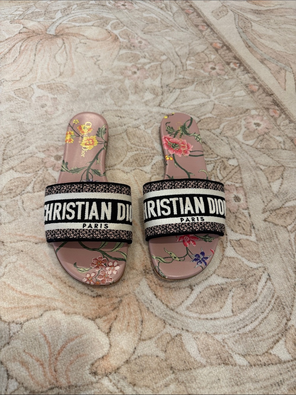 Dior Floral Embroidered Logo Slide Sandals in Blush